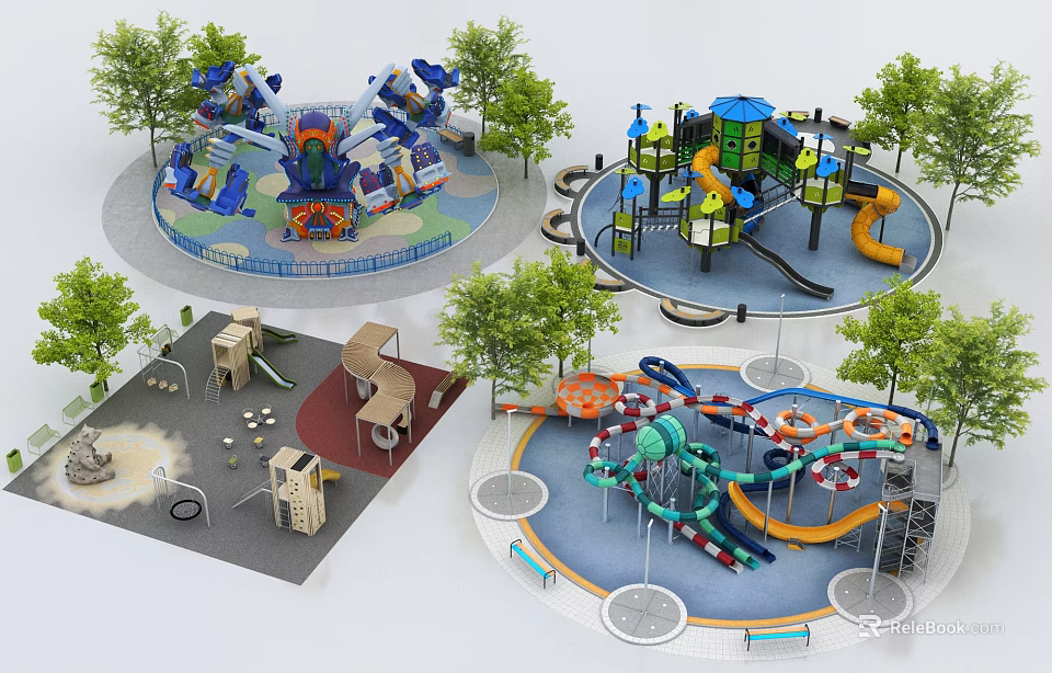 Colorful Outdoor Playground Areas With Slides Sandpit Climbing Frames And Trees 3d model 