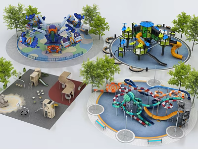 Colorful Outdoor Playground Areas With Slides Sandpit Climbing Frames And Trees 3d model