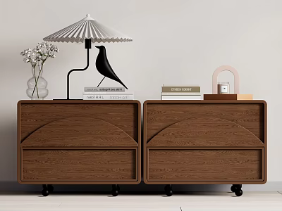Wooden Bedside Tables with Drawers Wheels Lamp Flower Vase Bird Ornament and Books 3d model