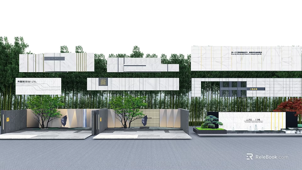 Modern Feature Wall Design With Bamboo Trees And Stone Elements In Landscape 3d model