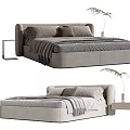 Modern Gray Double Bed With Pillows Blanket And Bedside Table Plant 3d model