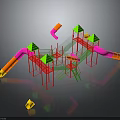 Colorful Playground Building With Slides Climbing Structures Green Roofs And Red Frames