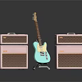 Light Blue Electric Guitar With Two Pink Amplifiers On Dark Reflective Background