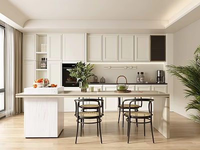 Modern Restaurant Kitchen Interior With White Cabinets Island Counter Chairs Plant And Natural Light 3d model