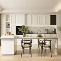 Modern Restaurant Kitchen Interior With White Cabinets Island Counter Chairs Plant And Natural Light