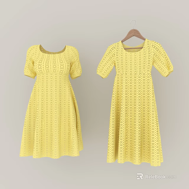 Yellow Short Sleeve Dresses with Eyelet Lace Pattern A Line Silhouette Hanging on Wooden Hanger 3d model 