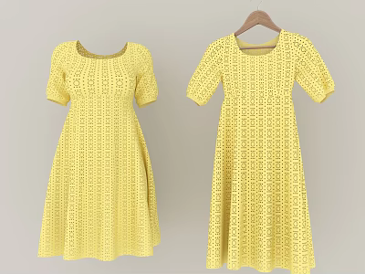 Yellow Short Sleeve Dresses with Eyelet Lace Pattern A Line Silhouette Hanging on Wooden Hanger 3d model