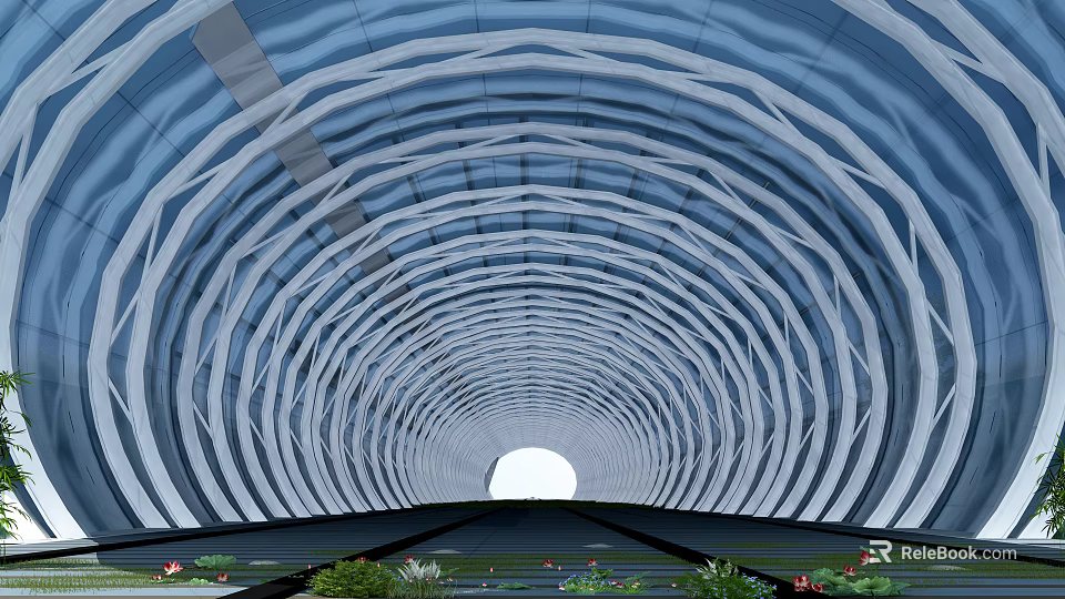 Garden Landscape with Arched Structure Blue Ceiling White Geometric Lines Water Pool and Plants 3d model 