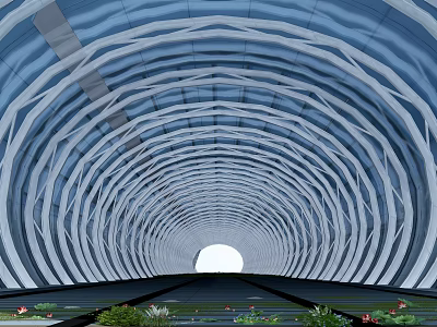 Garden Landscape with Arched Structure Blue Ceiling White Geometric Lines Water Pool and Plants 3d model