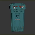 Blue Outdoor Trash Can With Red Graffiti White Figure And Wheels