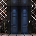 KTV Corridor Design With Diamond Patterned Marble Walls Dark Blue Doors And Strip Lights