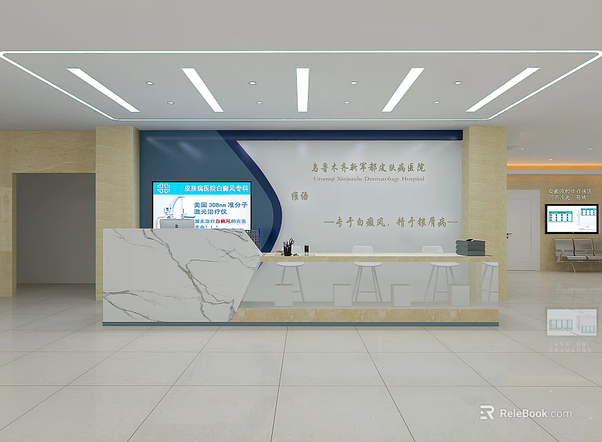 Modern Reception Area Interior Design With Marble Counter And Digital Screens 3d model