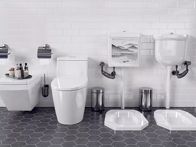 Modern White Toilet in Bathroom Interior with Sink and Tile Wall Design 3d model