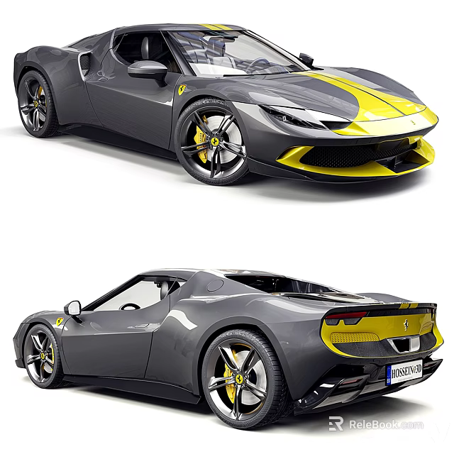 Gray And Yellow Ferrari Sports Car With Sleek Design And Alloy Wheels 3d model 