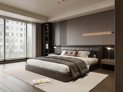 Modern Bedroom Interior Featuring Dark Headboard Bed Gray Wall Strip Light And Wooden Floor 3d model