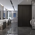Modern Public Restroom Interior With Three Washbasins Mirrors And Green Plant
