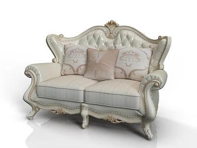 Elegant Light Colored Two Seater Sofa With Carved Details And Patterned Cushions 3d model
