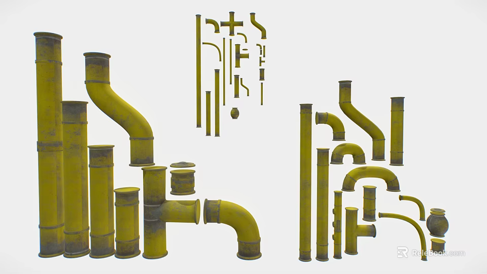 Yellow Industrial Pipes With Various Shapes Including Elbows And Straight Components 3d model 