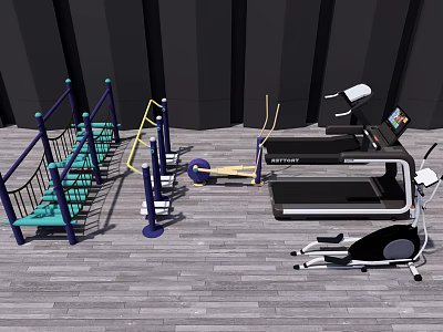 Fitness Equipment Collection Featuring Treadmill Elliptical Machine Step Trainer And Parallel Bars On Wooden Floor 3d model