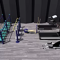 Fitness Equipment Collection Featuring Treadmill Elliptical Machine Step Trainer And Parallel Bars On Wooden Floor