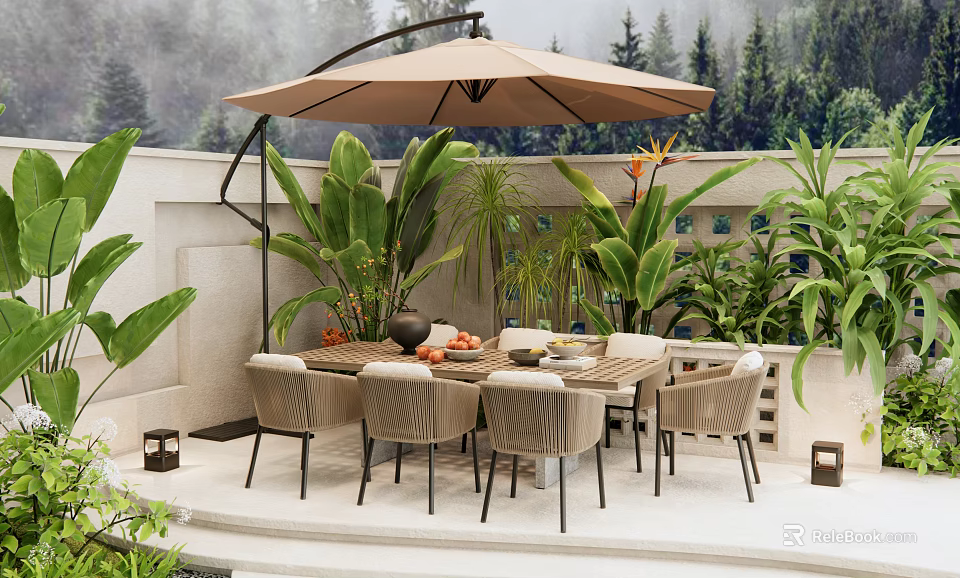 Stylish Outdoor Table On Patio With Umbrella Chairs And Lush Plants Forest Backdrop 3d model 