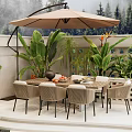 Stylish Outdoor Table On Patio With Umbrella Chairs And Lush Plants Forest Backdrop