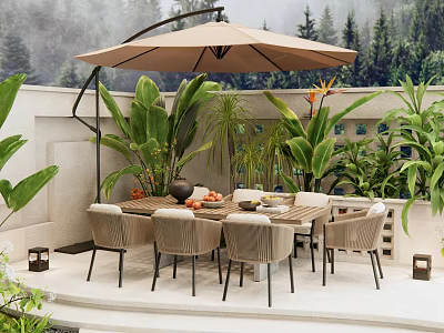 Stylish Outdoor Table On Patio With Umbrella Chairs And Lush Plants Forest Backdrop 3d model