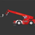 Red Utility Vehicle Featuring Telescopic Crane Arm Forklift Attachment And Safety Ladders