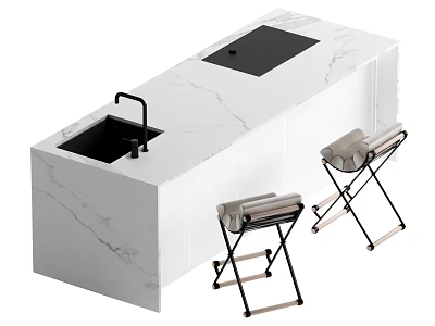 White Marble Countertop Table and Chairs Set with Black Sink Faucet Light Gray Folding Chairs 3d model