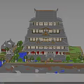 Traditional Japanese Multi Story Castle Brick Model With Small Buildings Greenery And Pond