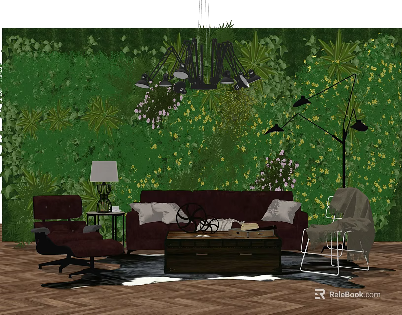 Stylish Sofa And Coffee Table Set With Green Floral Wall Black Chandelier Armchair Herringbone Floor 3d model 