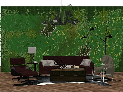 Stylish Sofa And Coffee Table Set With Green Floral Wall Black Chandelier Armchair Herringbone Floor 3d model