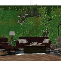 Stylish Sofa And Coffee Table Set With Green Floral Wall Black Chandelier Armchair Herringbone Floor