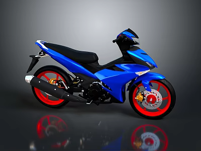 Blue Sporty Motorcycle With Black Seat And Red Wheels Streamlined Design 3d model