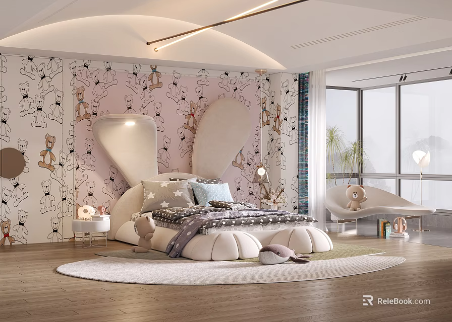 Kids Room Interior With Pink Cartoon Animal Wallpaper White Curved Headboard And Plush Rug 3d model 