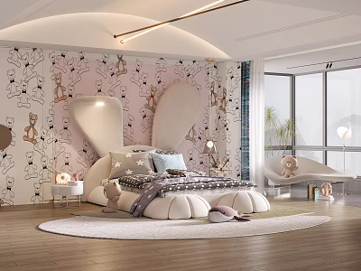 Kids Room Interior With Pink Cartoon Animal Wallpaper White Curved Headboard And Plush Rug 3d model