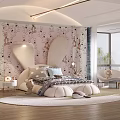 Kids Room Interior With Pink Cartoon Animal Wallpaper White Curved Headboard And Plush Rug