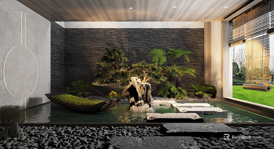 Tranquil Villa Balcony With Black Stone Wall Green Plants Water Feature Boat Shaped Decoration And Stone Slab Steps 3d model 