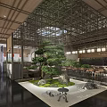 Traditional Japanese Restaurant Interior With Wooden Frames Hanging Lanterns And Bonsai Tree