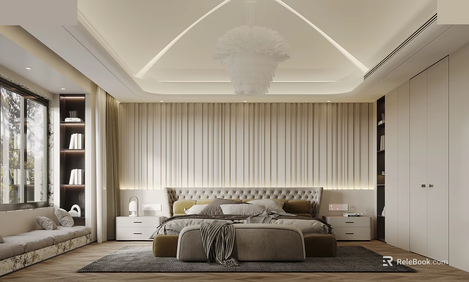 Elegant Modern Bedroom Interior With Upholstered Headboard Vertical Striped Walls And Plush Rug 3d model 