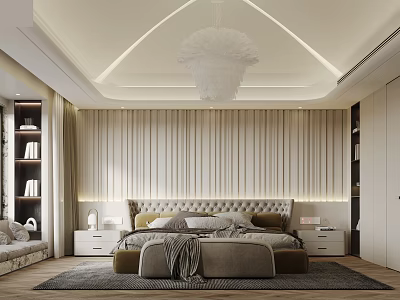 Elegant Modern Bedroom Interior With Upholstered Headboard Vertical Striped Walls And Plush Rug 3d model