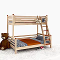Cozy Wooden Bunk Bed with Striped Mattress Teddy Bear and Shoes in Kids Room