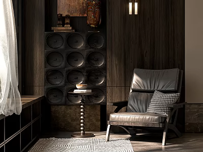 Home Balcony Interior Design With Dark Wooden Walls Circular Panels And Leather Armchair 3d model