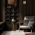 Home Balcony Interior Design With Dark Wooden Walls Circular Panels And Leather Armchair