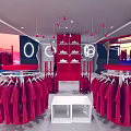Modern Clothing Store Interior With Red Clothes Racks Mannequins And Circular Ceiling Lights