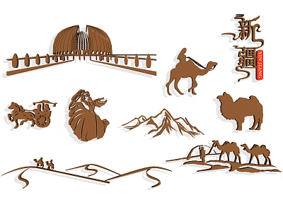 Xinjiang Style Wall Decor Featuring Camel Mountain Carriage Silhouette Brown Design Elements 3d model