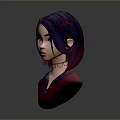 3D Character Head Model With Purple Hair Red Accessories Neck Ornament And Red Top