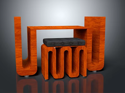 Modern Wooden Table and Chair Combination With Unique Curved Structure and Black Seat 3d model