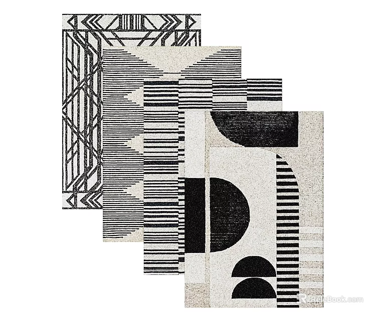 Modern Square Rugs With Abstract Geometric Patterns Stripes And Circular Elements Design 3d model