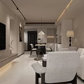 Modern Living and Dining Room Interior With TV Dining Table Chairs and Hanging Lights